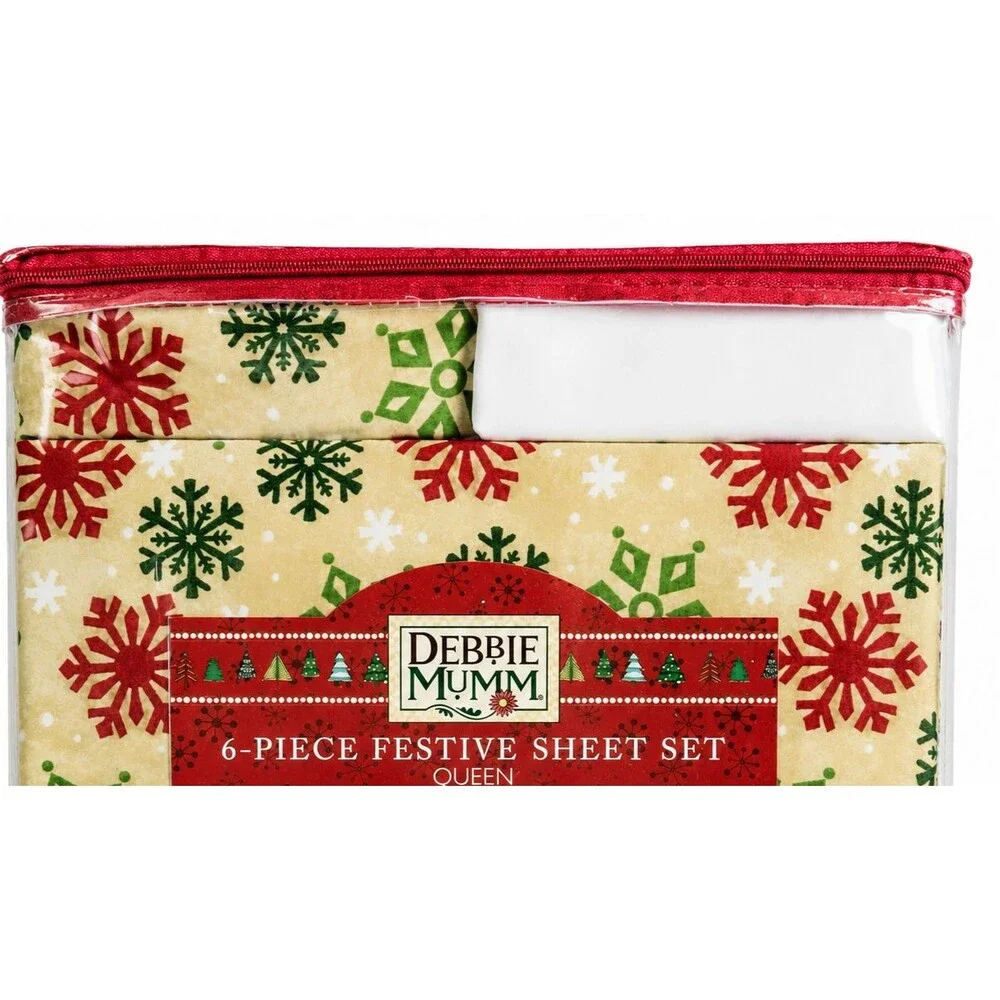 Debbie Mumm Christmas Queen Sheet Set Snowflake Flat Fitted 4 Pillowcases